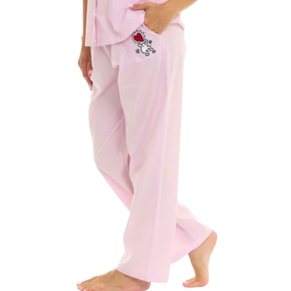 Keith Haring Pink Seersucker Pajama Pants Heart Art Lounge Sleepwear Small set
